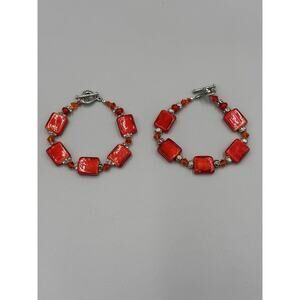 Red Squared & Silver Colored Bracelet Heart Shaped Closure Set Of 2 READ DETAILS